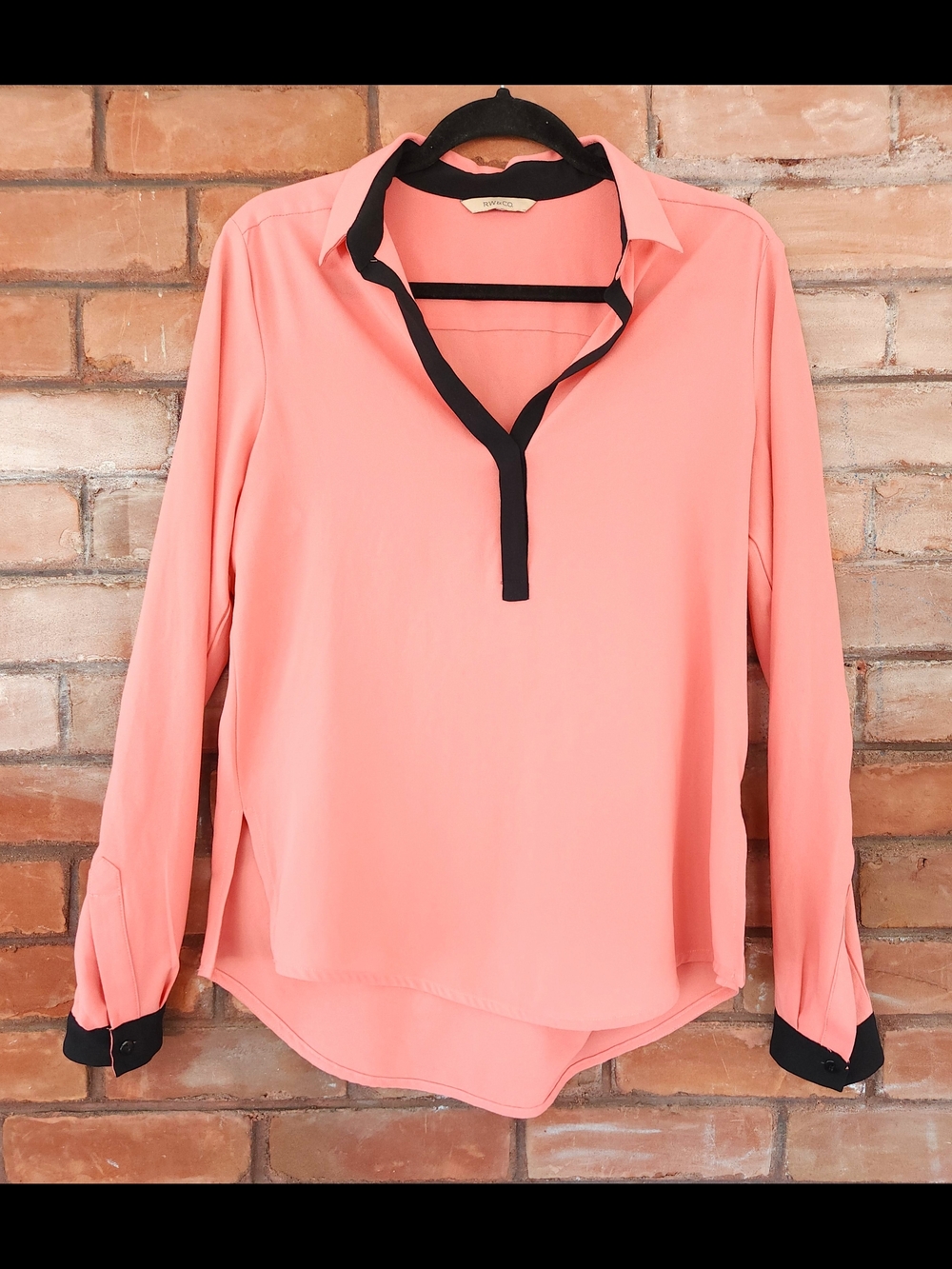 RW&CO. Coral Button-Down Blouse with Black Trim - Picture 1 of 4